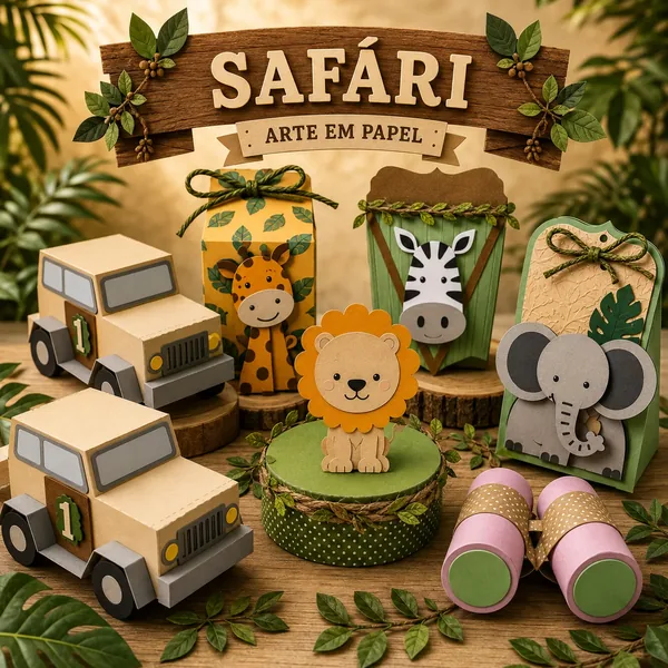 Kit da coleção Safári da Papel Flor com 6 peças de papelaria personalizada em corte de camadas