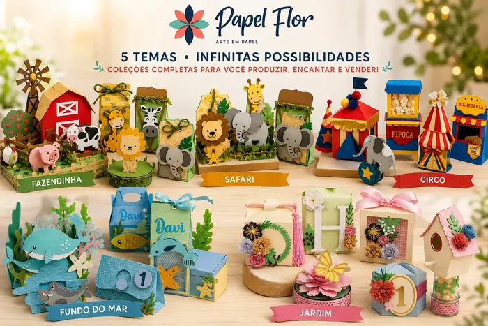 Montagem com os kits das 5 coleções do Acervo Papel Flor: Fazendinha, Fundo do Mar, Circo, Jardim e Safári
